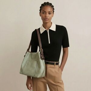 Leather Bucket Shoulder Bag in Sage Green